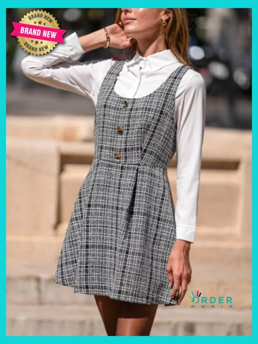 Mini Overall Dress Scoop Neck Plaid Sleeveless A Line Cute Fall Pinafore